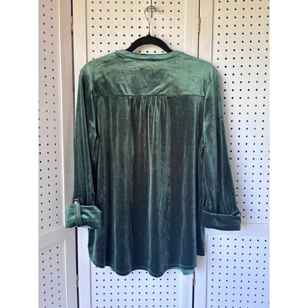 Kim Rogers Womens M Velvet Green V Neck Henley Pleated Tunic Blouse 3/4 SLV - Picture 6 of 6